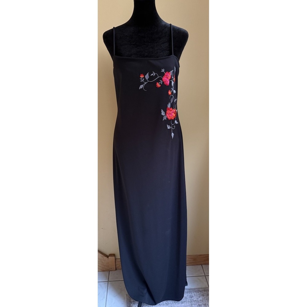 Abiz Vtg Y2K Black Floral Embroidery Maxi Slip Dress Gown Bodycon Size L (8 Fit)